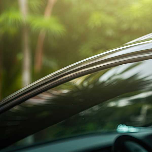 Car window tinting close-up: ceramic film being squeegeed onto a car door window at Tint Station in Deerfield Beach
