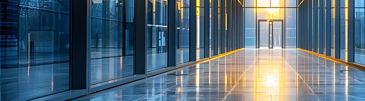 Commercial window tinting on an office in South Florida: solar ceramic film on floor-to-ceiling glass