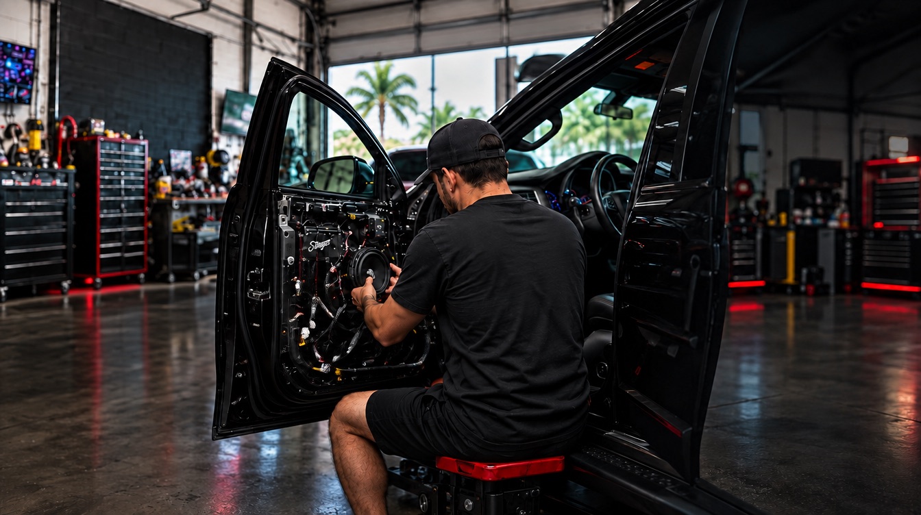Door speaker install during car audio installation in Deerfield Beach