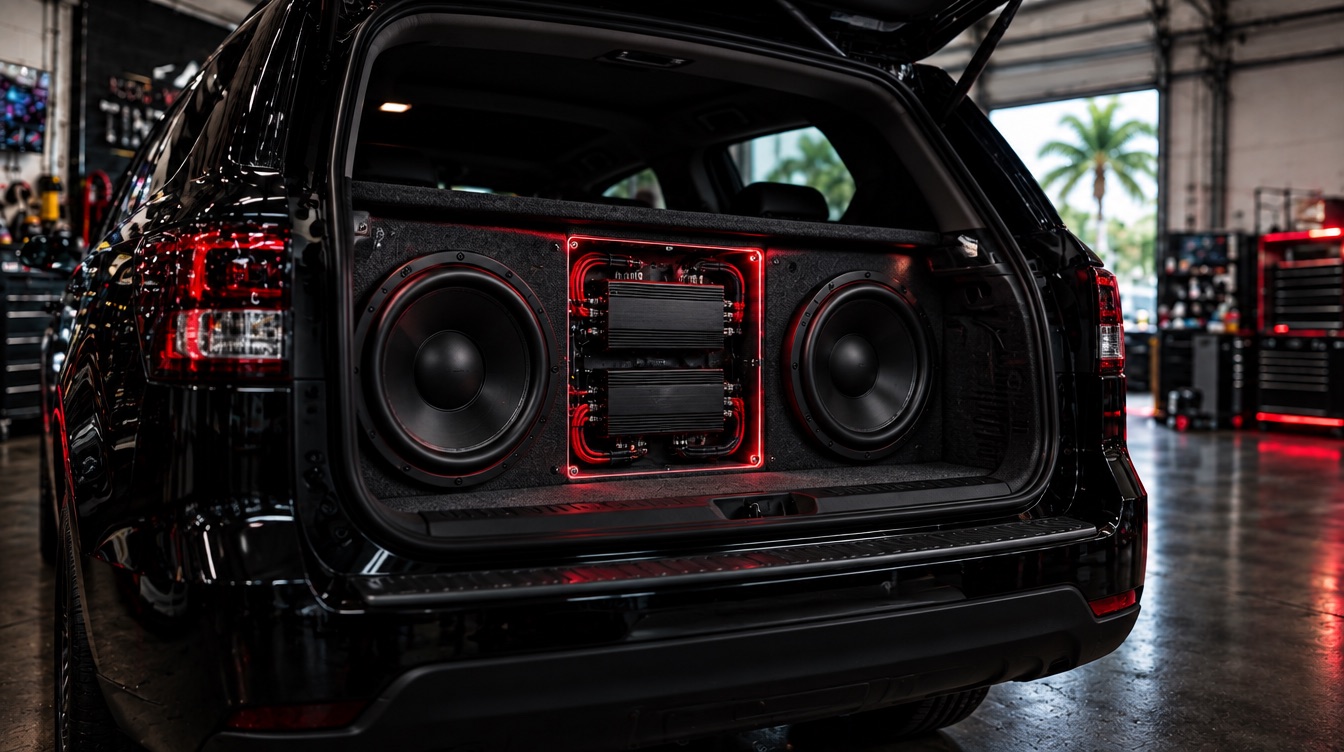Custom dual-subwoofer enclosure with a lit amplifier rack in an SUV cargo area