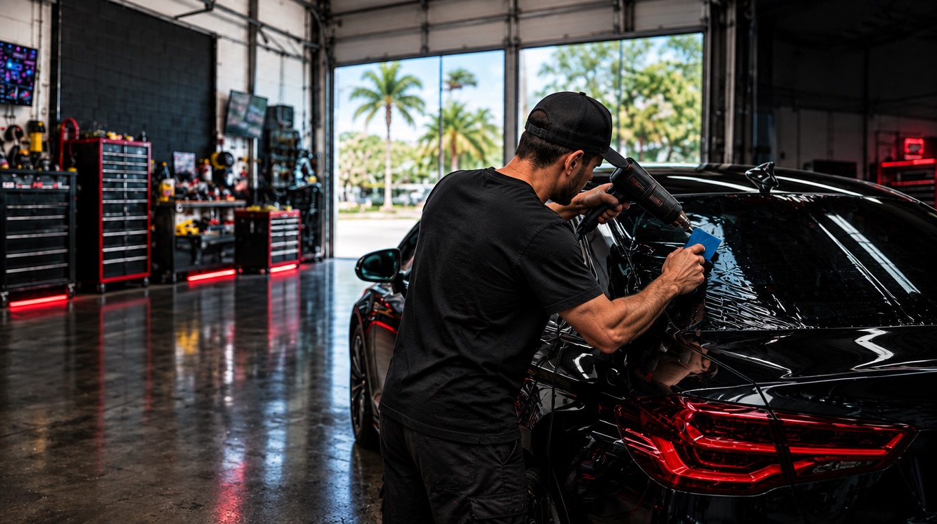 Heat-shrinking film on a rear window during car window tinting in Tamarac