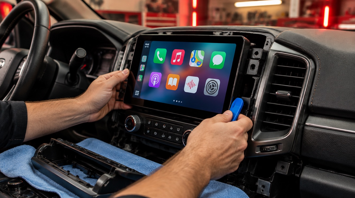 Technician seating a touchscreen CarPlay head unit into a truck dashboard