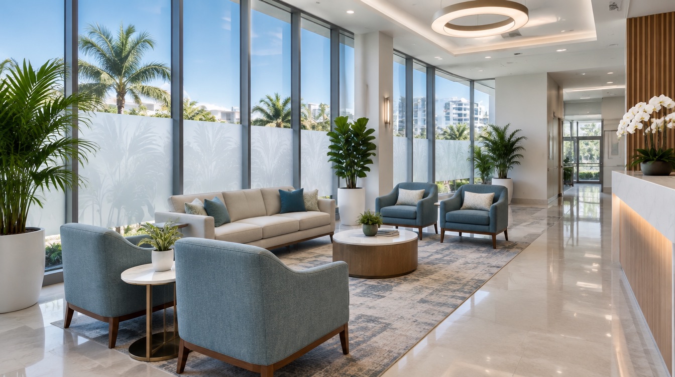 Lobby glass after commercial window tinting in Fort Lauderdale