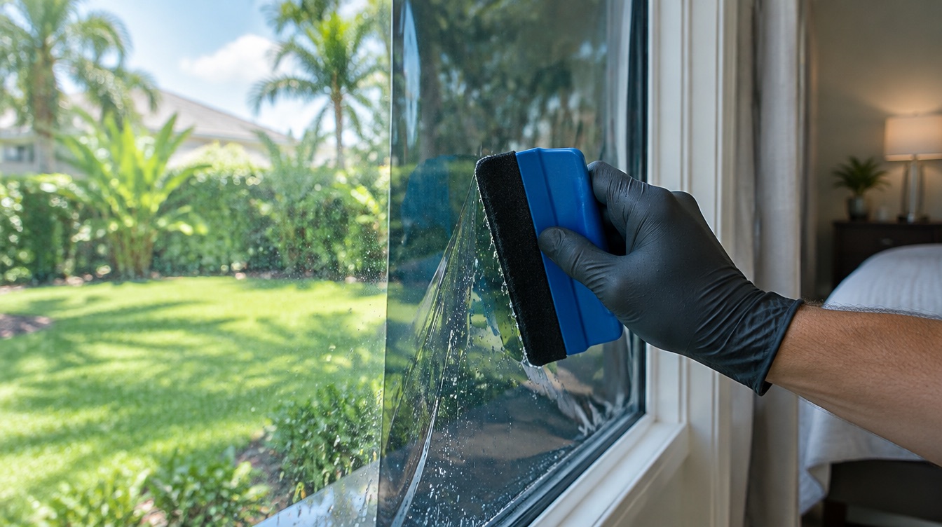 Squeegee pass on a bedroom window during residential window tinting in West Palm Beach